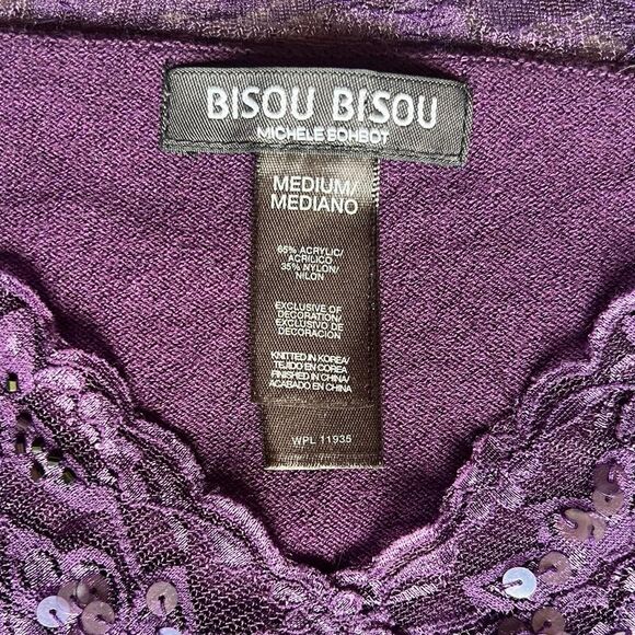 Bisou Bisou royal purple lace long sleeve top cinch waist knit blouse w/sequins - Picture 7 of 8